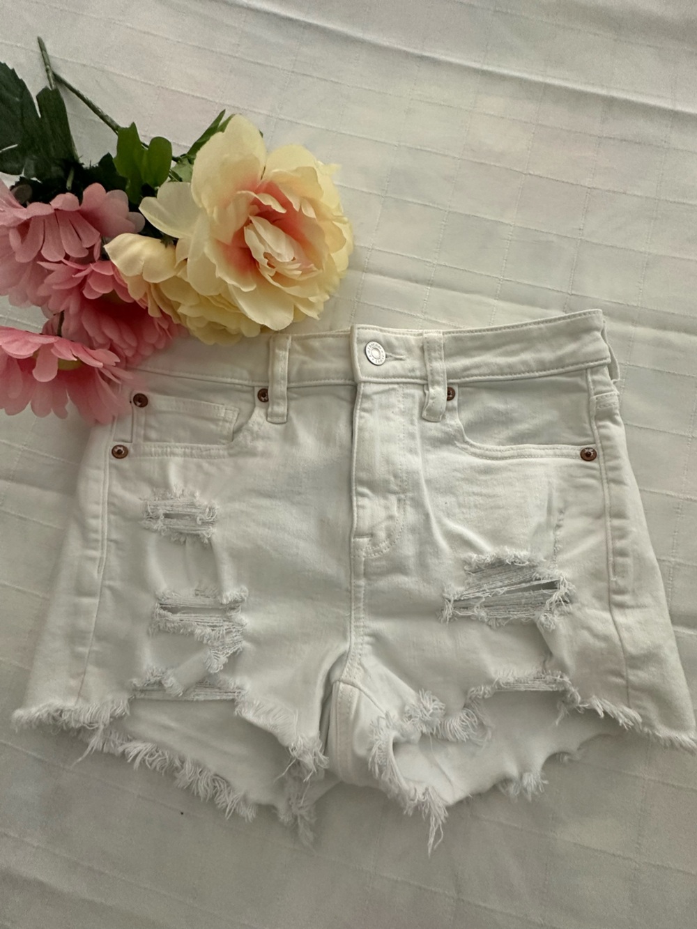 American Eagle Outfitters White Distressed High-Rise Jean Shorts